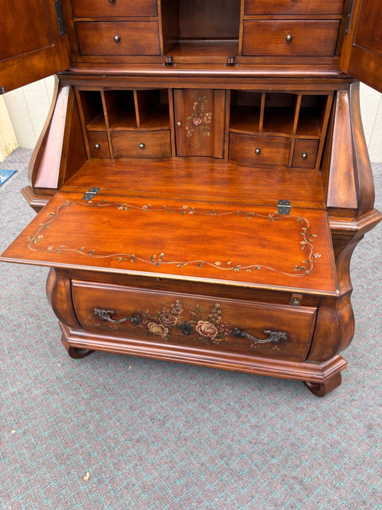 Ethan Allen Hand-Painted Secretary Desk with Hutch, Floral Motif