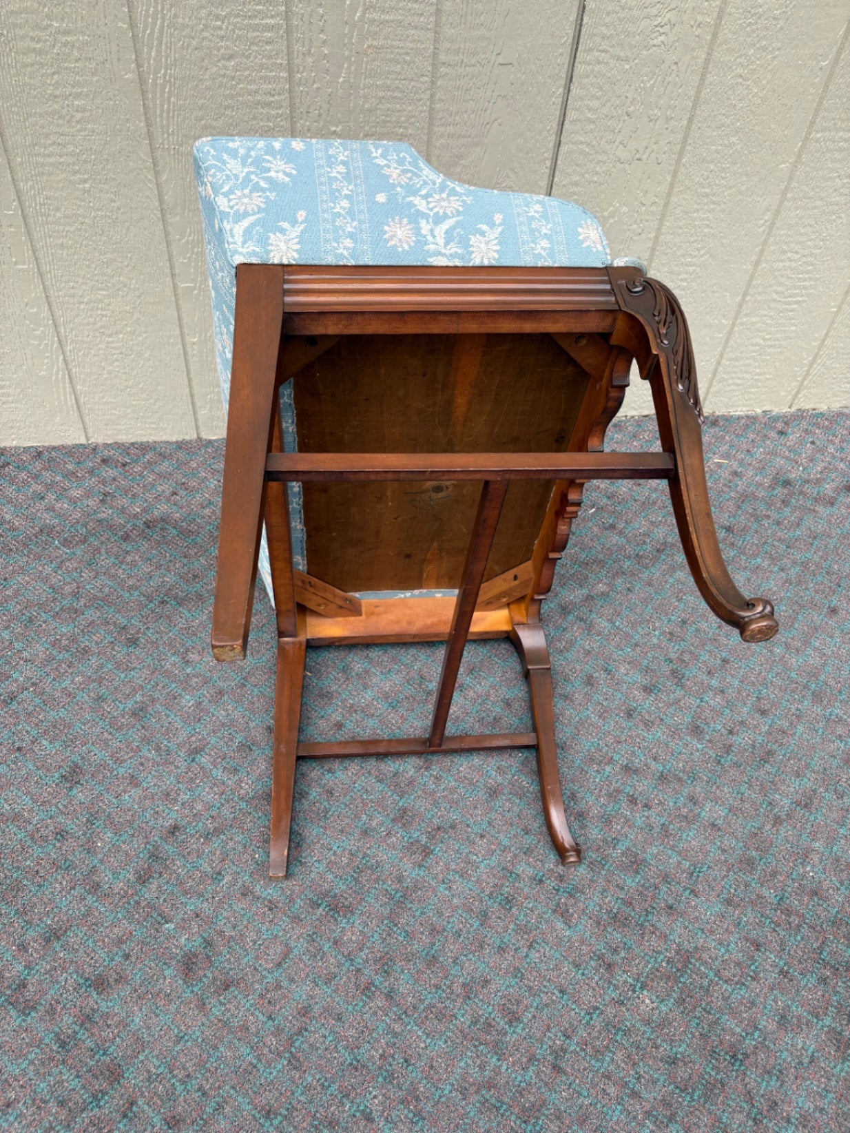 Vintage Carved Mahogany Vanity Bench with Blue Floral Upholstery