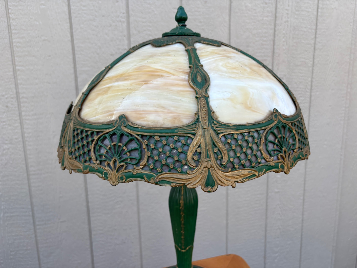 67799 Victorian Slag Glass Table Lamp with Ornate Metalwork Base