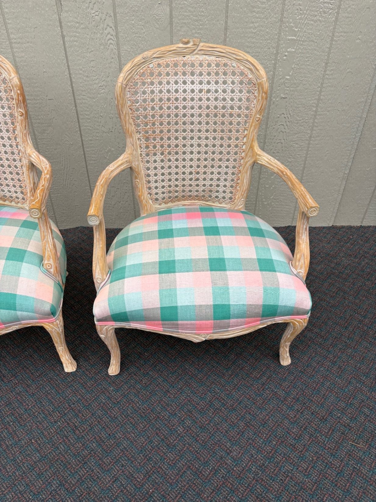 67549 Pair of French Provincial Caned Armchairs with Plaid Upholstery