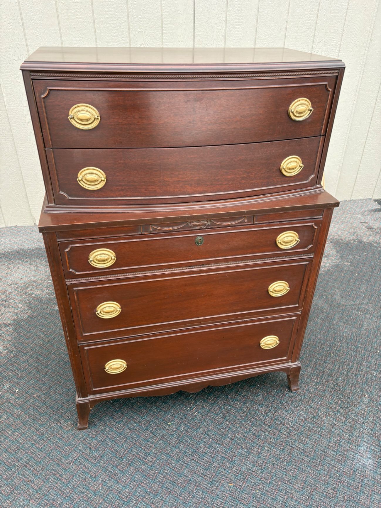 67461 Vintage Mahogany Bow Front High Chest Dresser with Brass Pulls