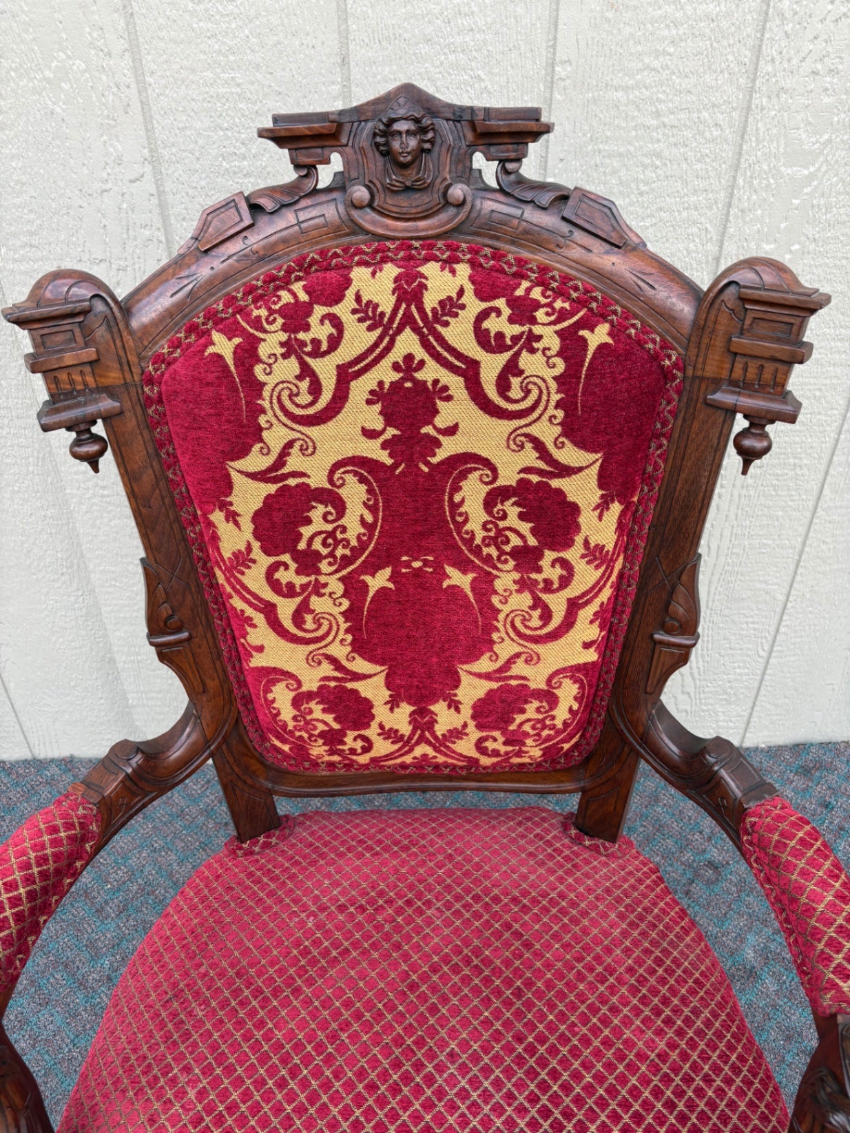 67682 Victorian Carved Walnut Armchair with Red Upholstery
