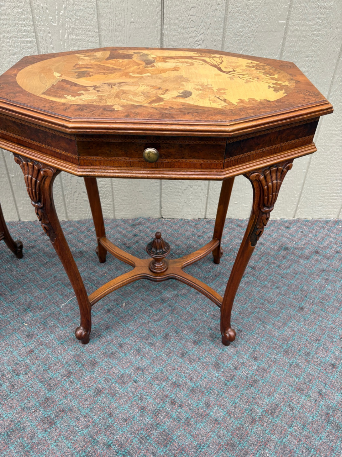 68062 Pair of Inlaid Octagonal Side Tables with Marquetry Scenes