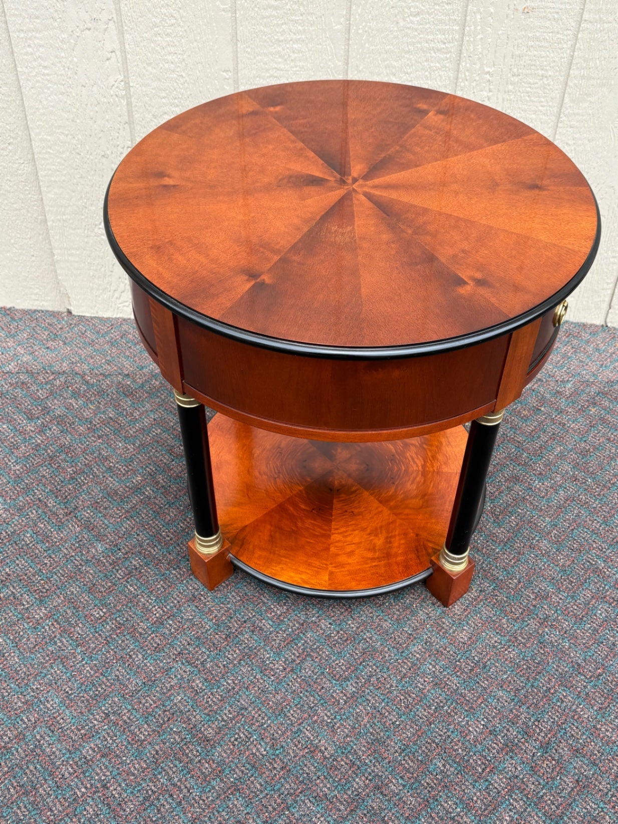 67823 Elegant Century Round Side Table with Cherry Veneer and Brass Accents