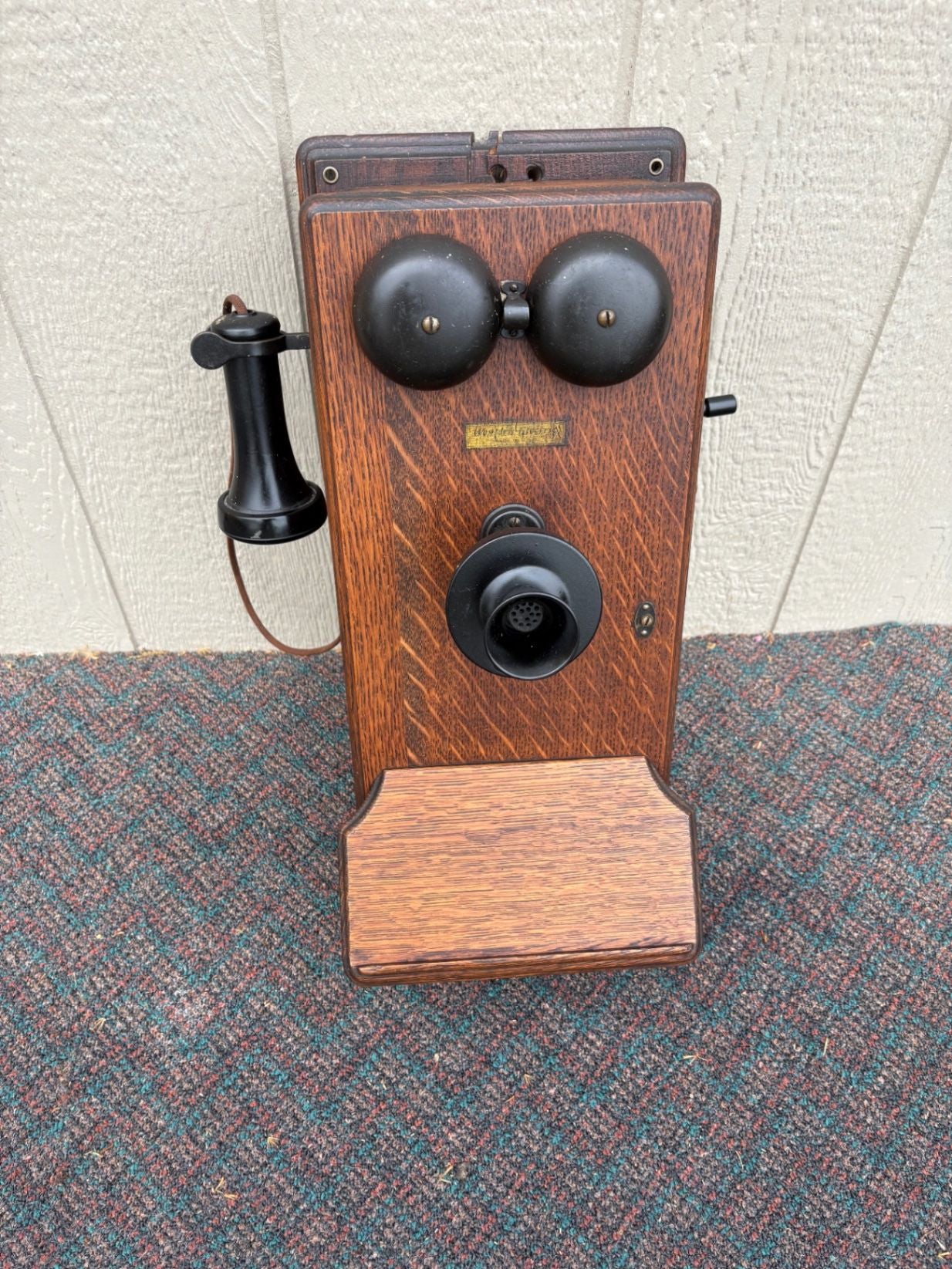 67690 Antique Western Electric Oak Wall Phone with Crank, Early 1900s