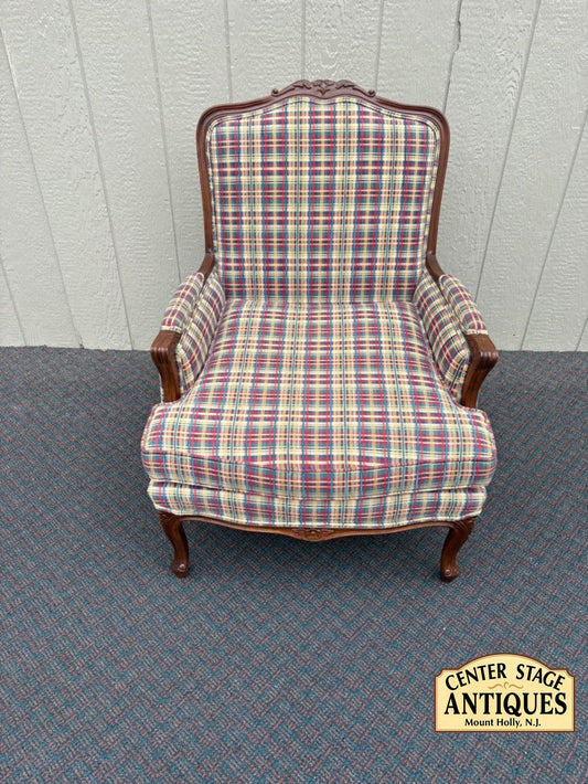 67548  Ethan Allen Louis XV Style Armchair with Plaid Upholstery
