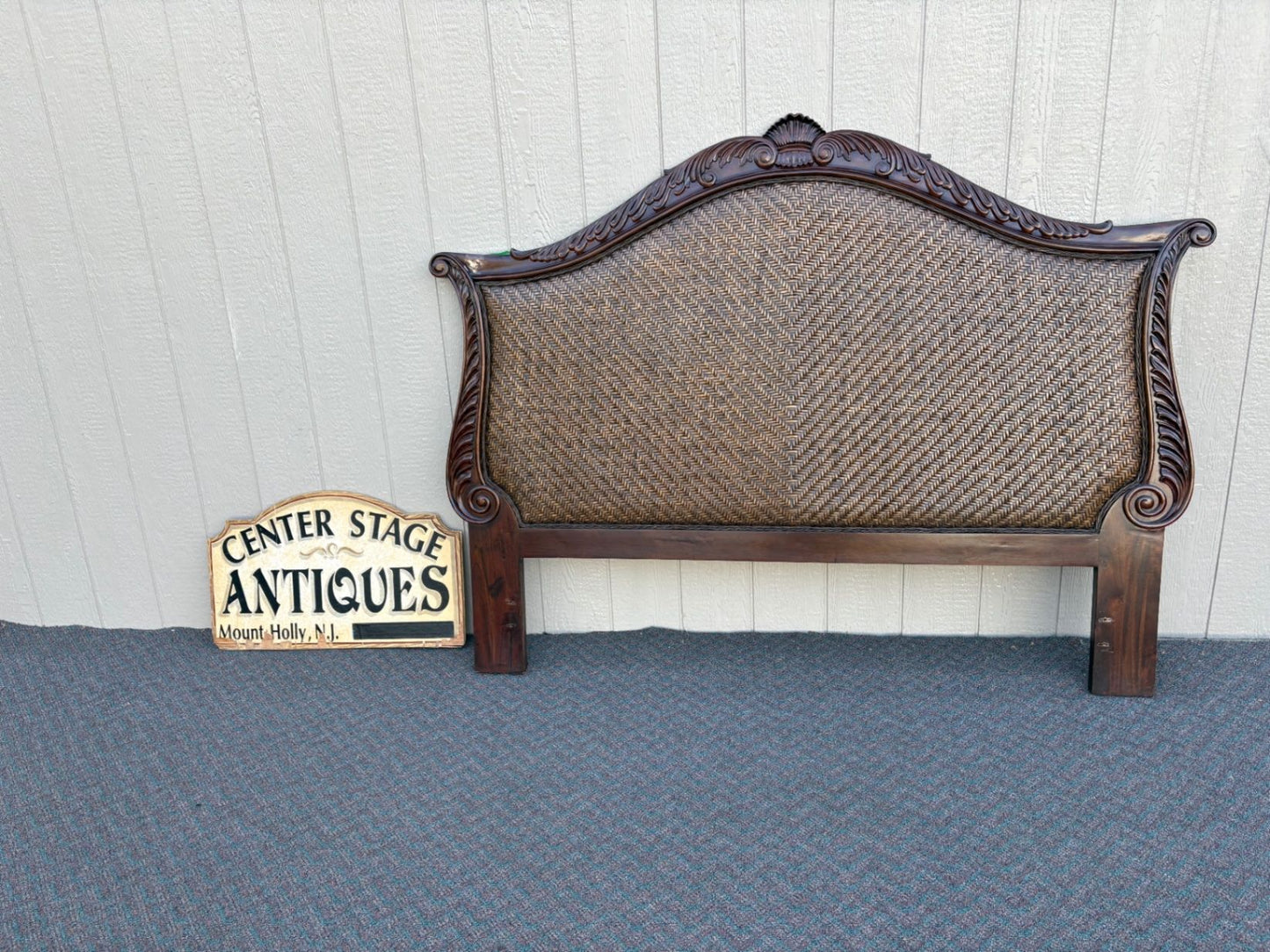 67810 Carved Queen Headboard with Woven Rattan Paneling