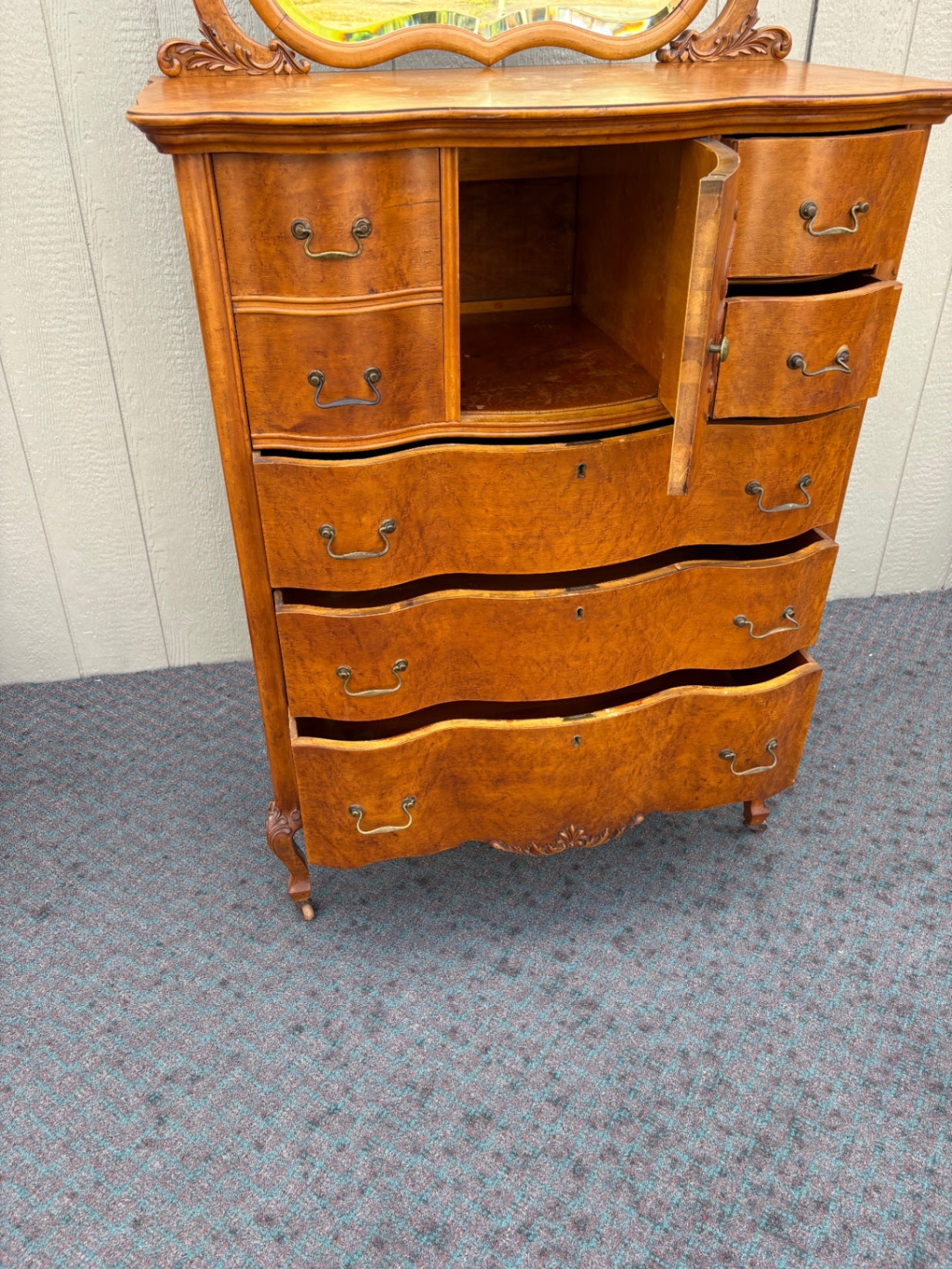 67995 Antique Highboy Dresser with Mirror, 1920s, Burl Wood
