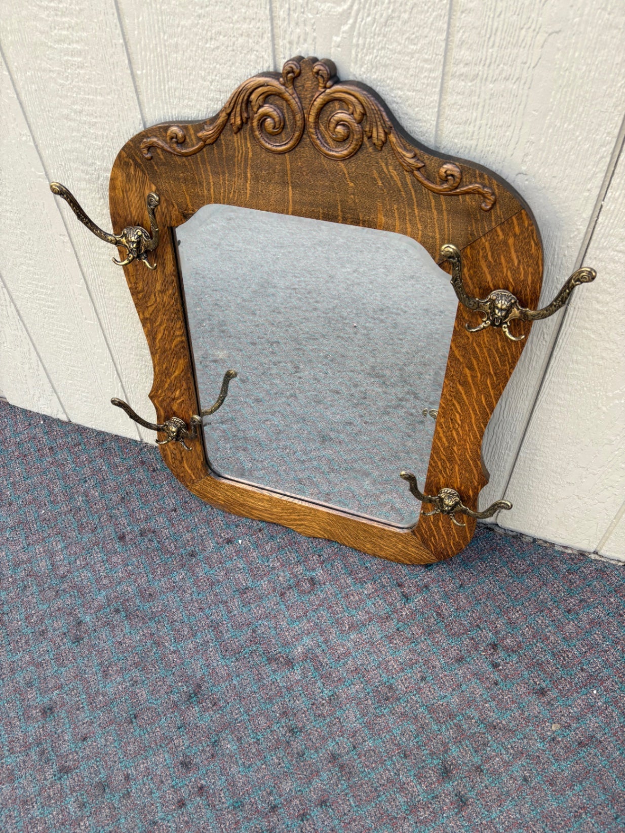 67988  Antique Victorian Oak Mirror Hat Rack with Ornate Brass Hooks