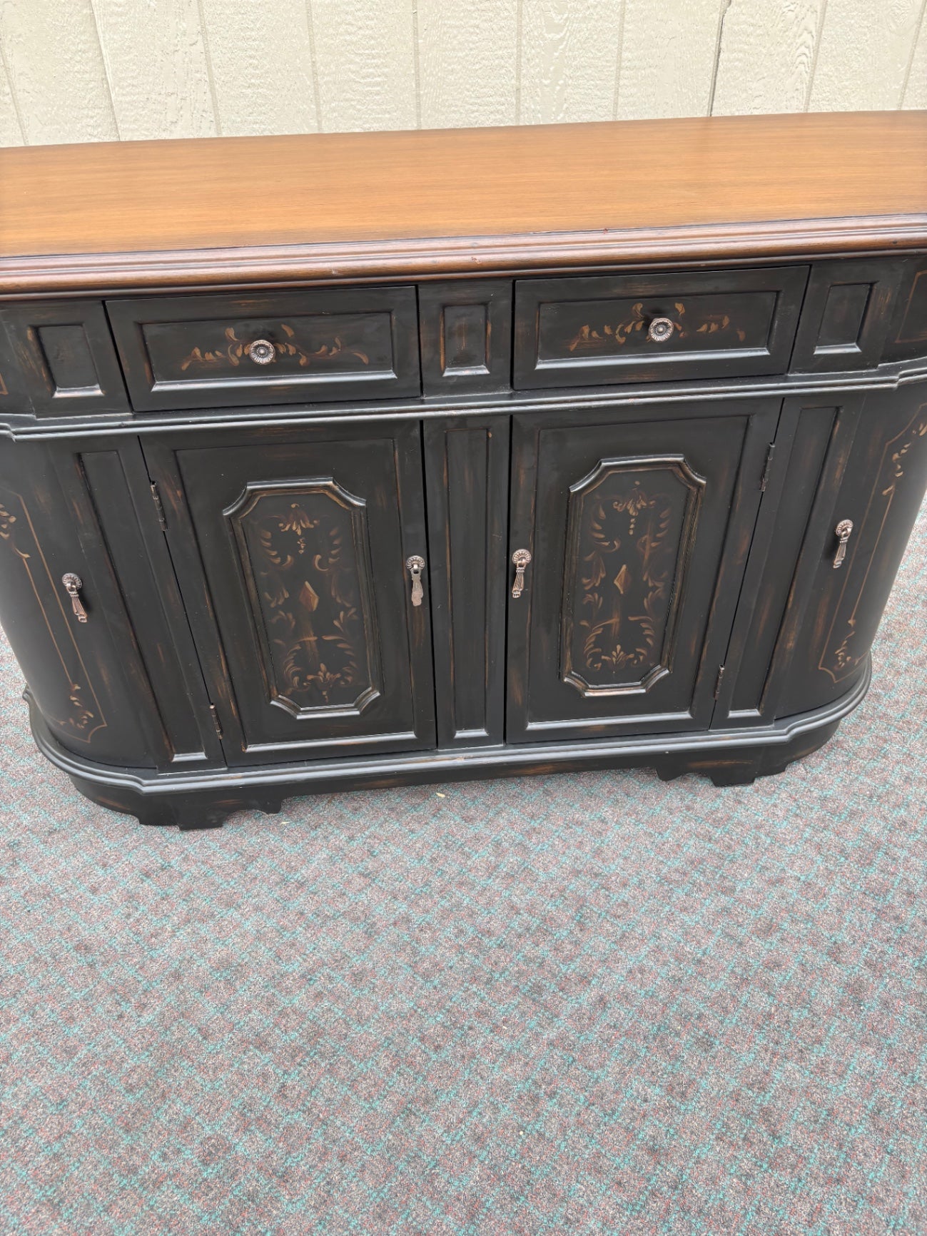 67888 Vintage Italian Style Black Buffet Sideboard with Hand-Painted Details