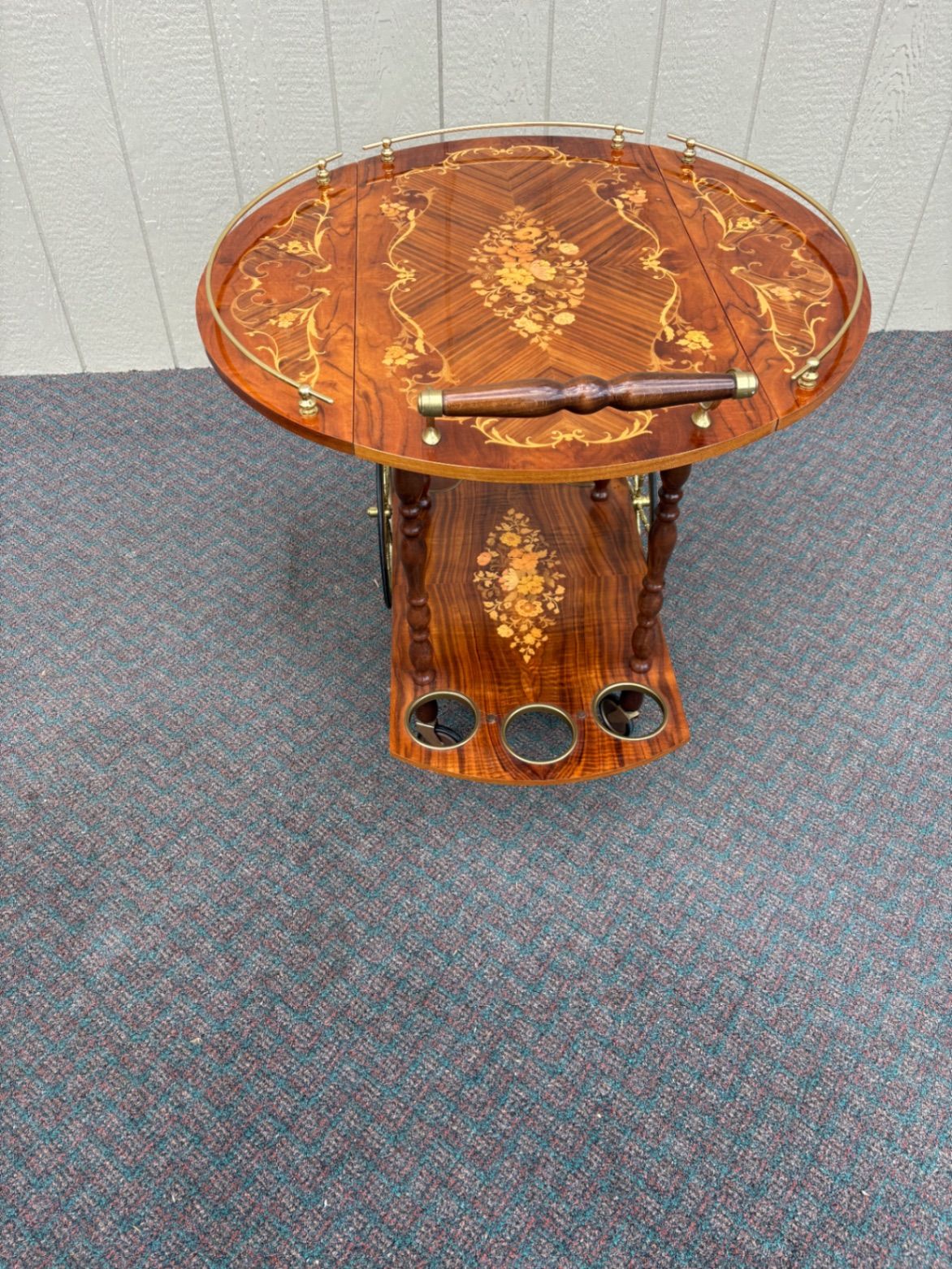 67588  Italian Inlaid Wood Tea Cart with Floral Marquetry and Brass Accents