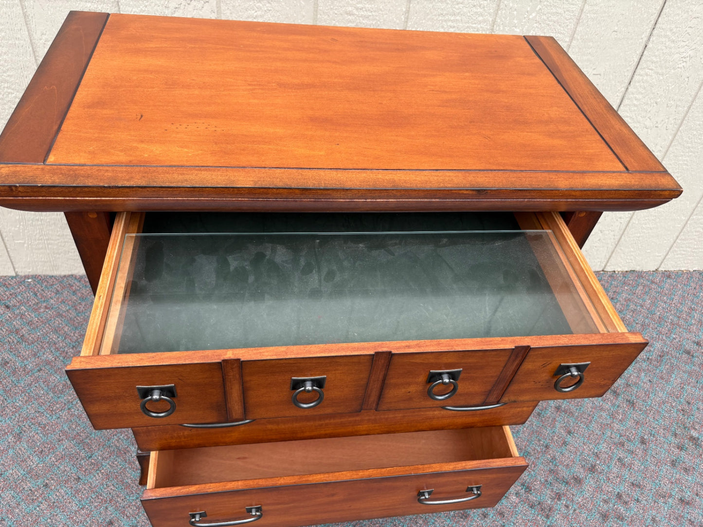 67989  Vintage Wooden Nightstand with Glass Shelf and Brass Accents