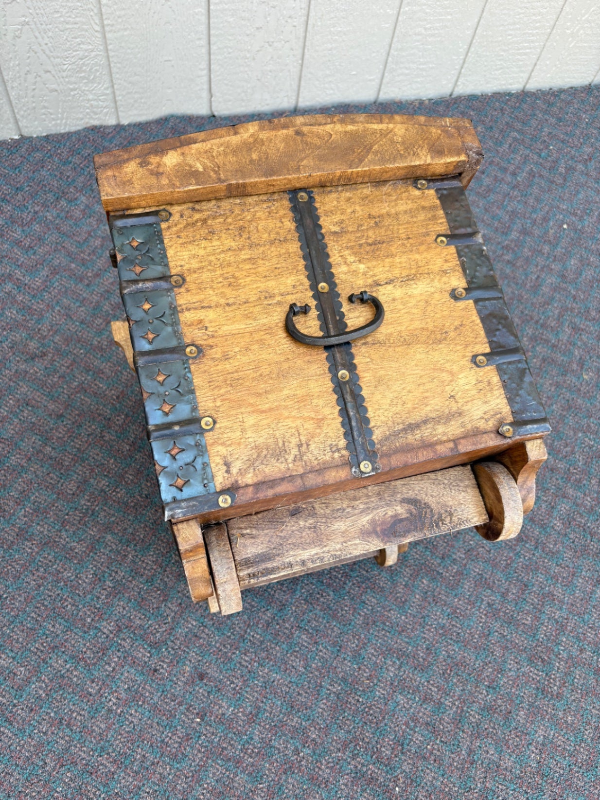 67771  Vintage PIER 1  Wooden Trunk on Wheels with Metal Accents