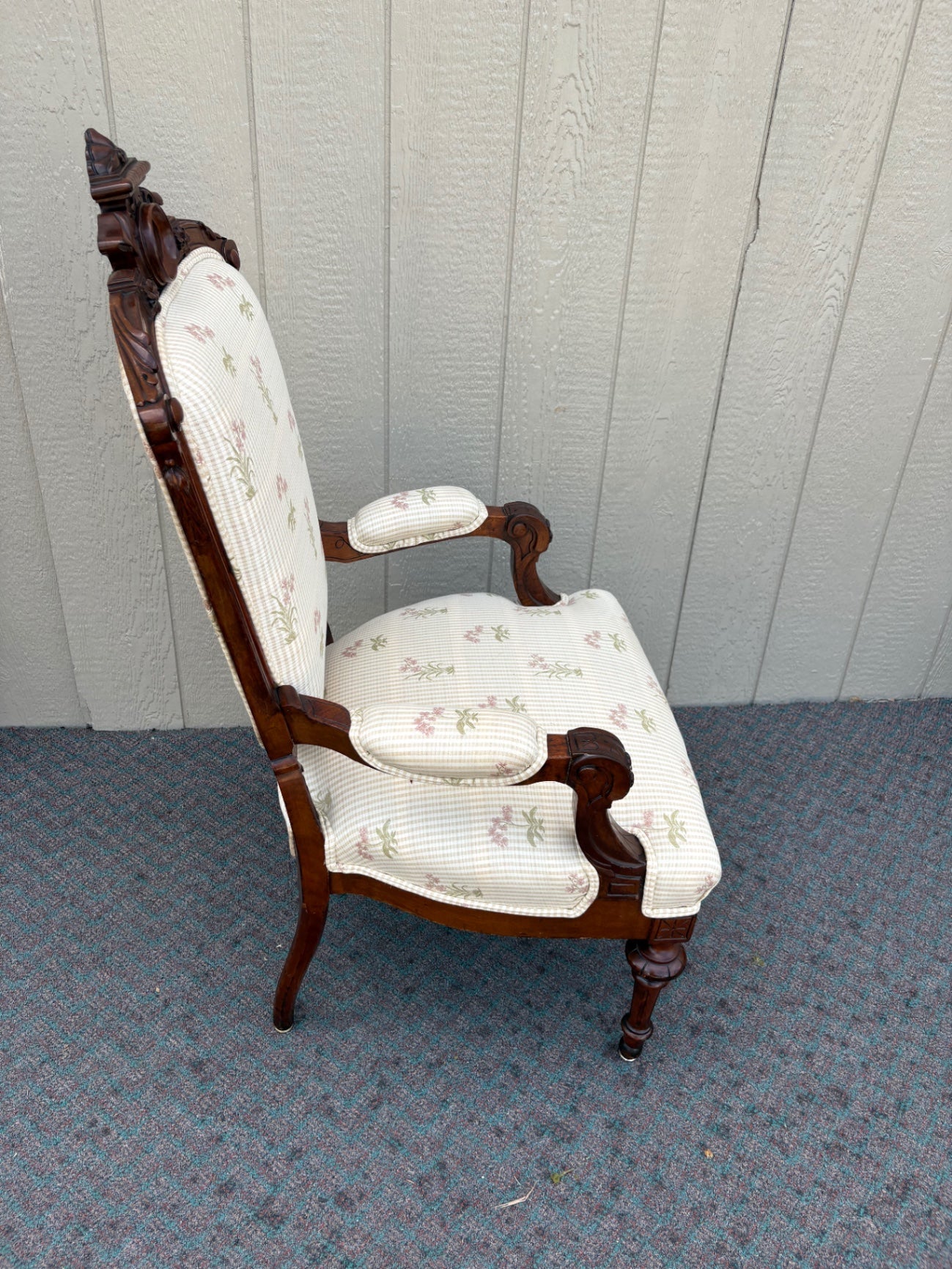 67903 Victorian Armchair with Carved Wood and Floral Upholstery