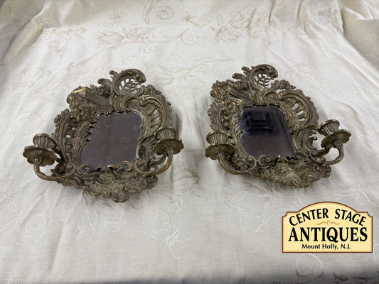 67533 PAIR of Ornate Cherub Wall Candle Mirrors with Brass Finish