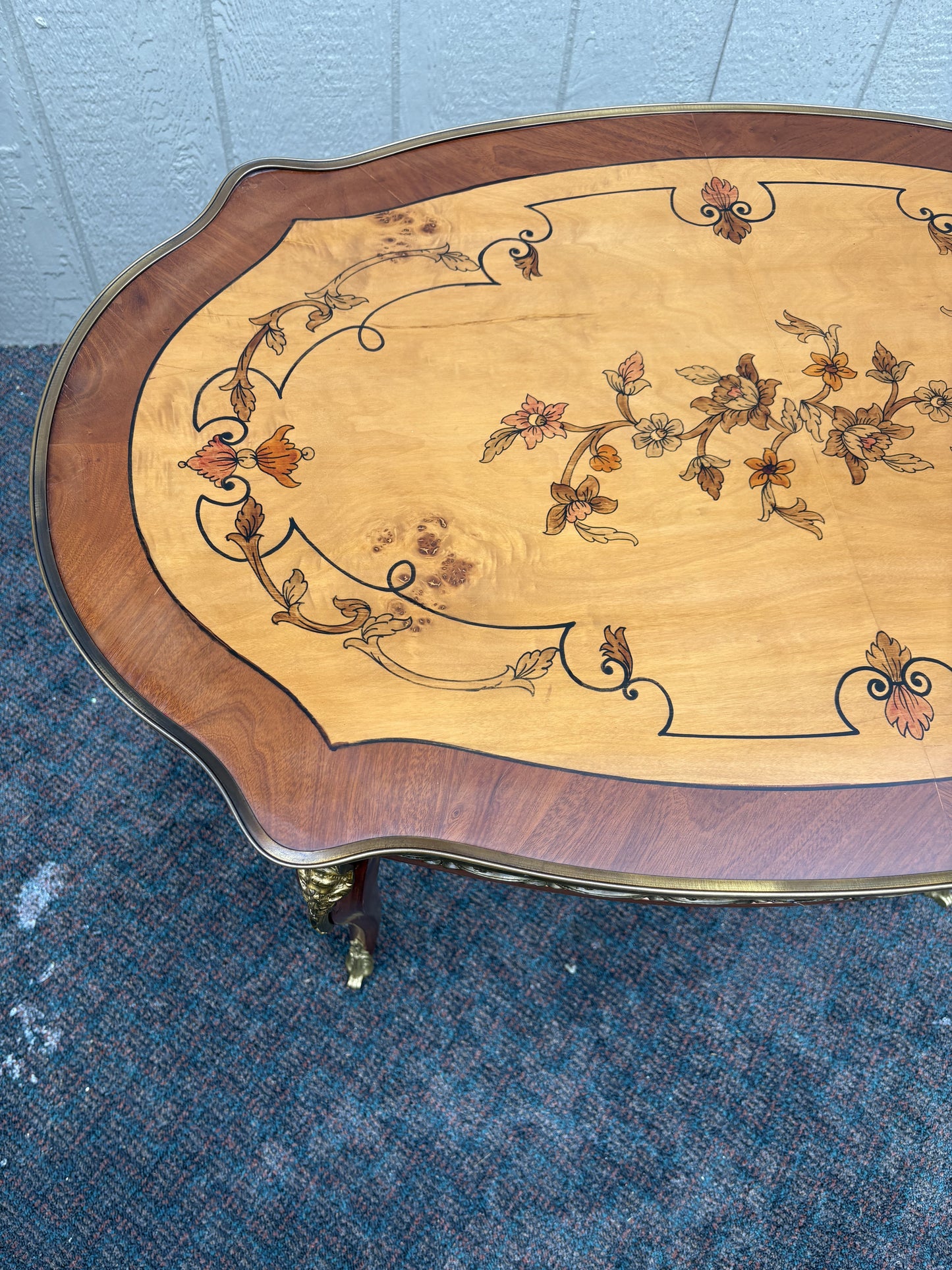 Elegant 1980s Louis XV Inlaid Coffee Table with Brass Accents