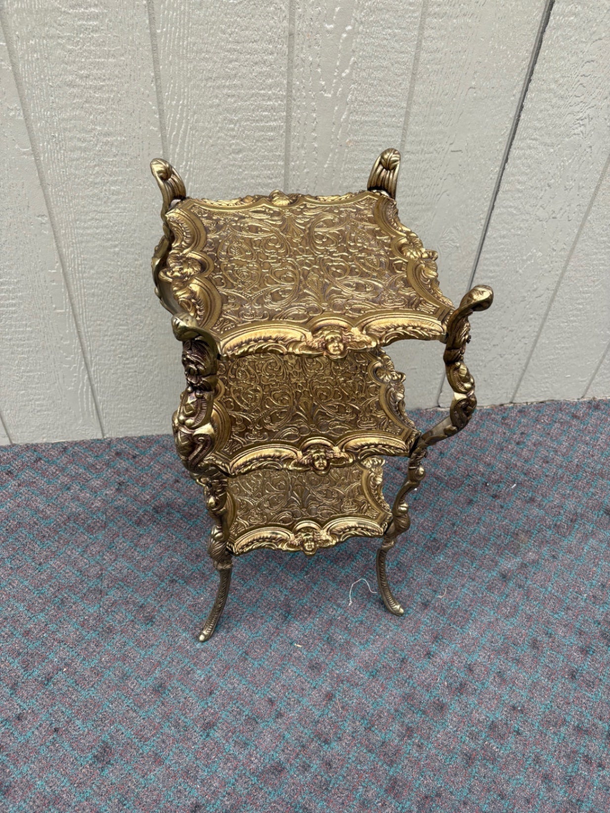 Ornate Victorian Three-Tier Cast Iron Plant Stand with Gold Finish