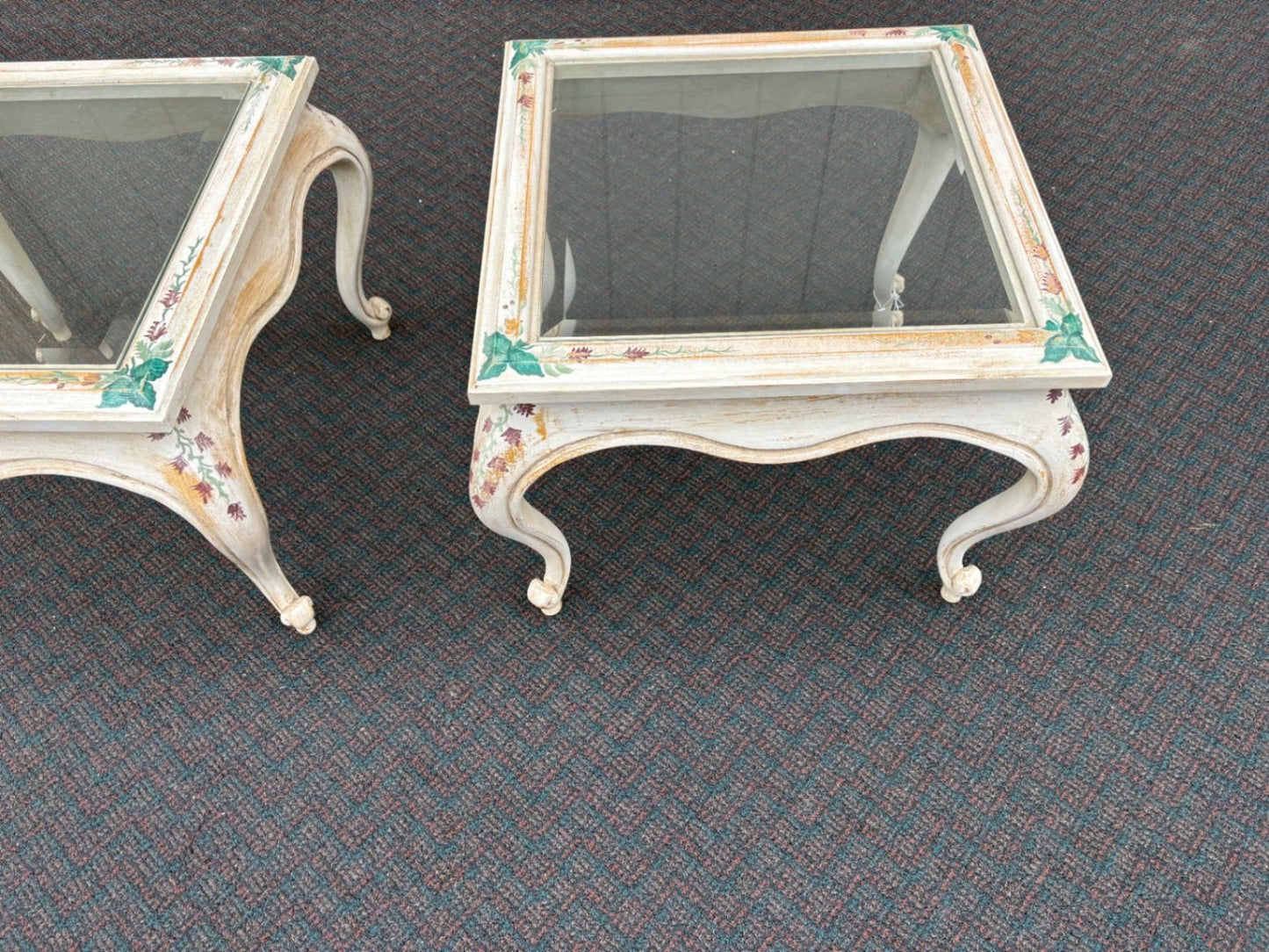 61856 PAIR  of French Provincial ITALIAN Hand Painted Glass Top End Tables