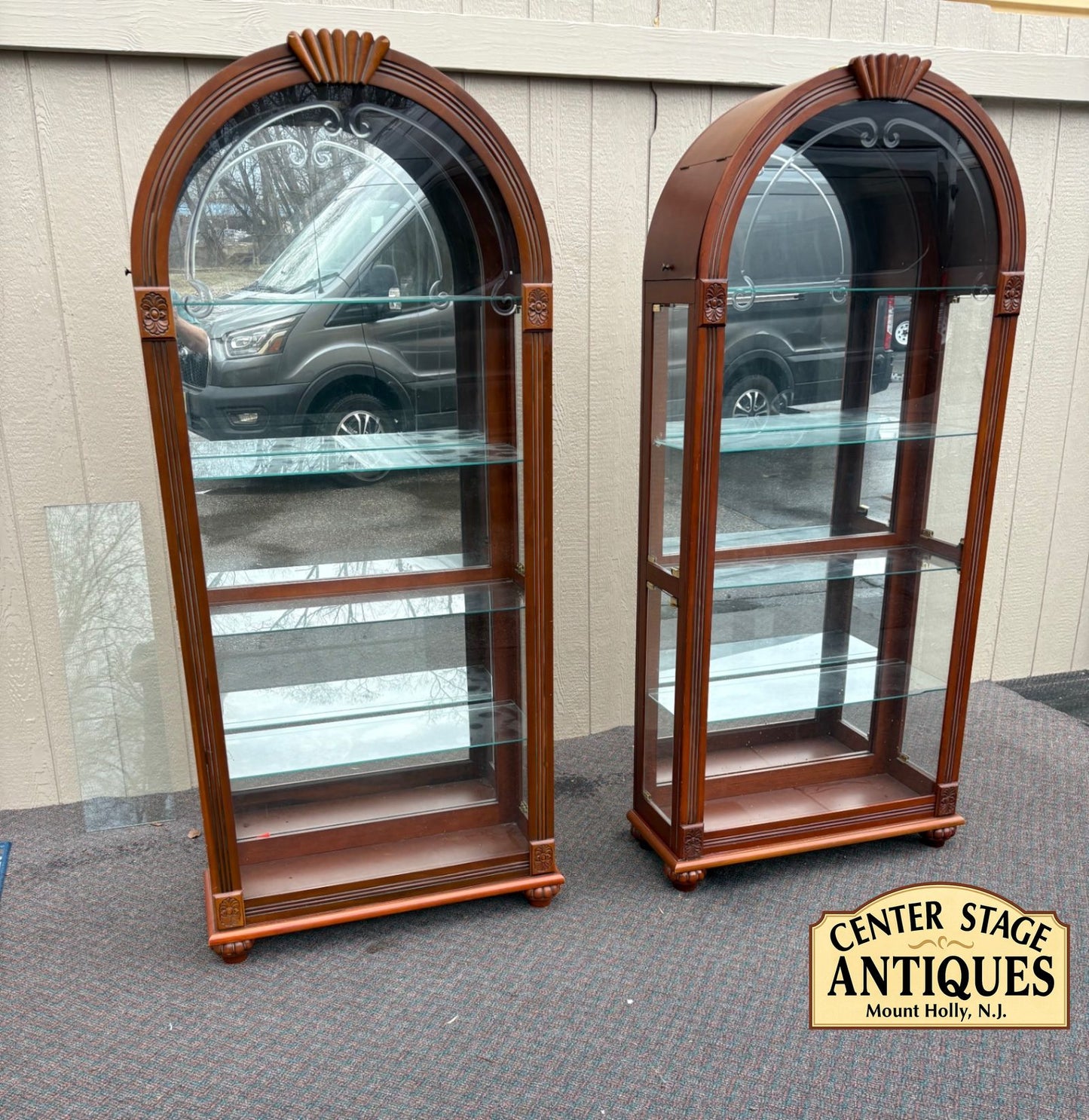 67572 PAIR  of Lighted Etched Glass Curio Cabinets with Wood Frame