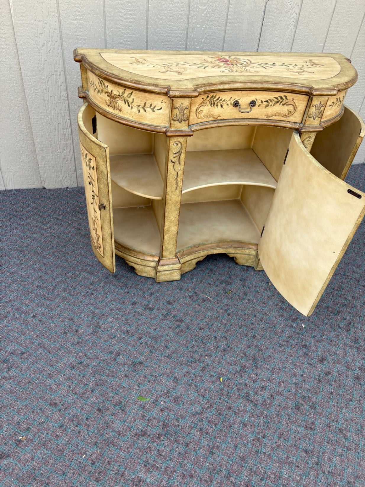 67889  Hand-Painted Floral Demilune Cabinet with Distressed Finish