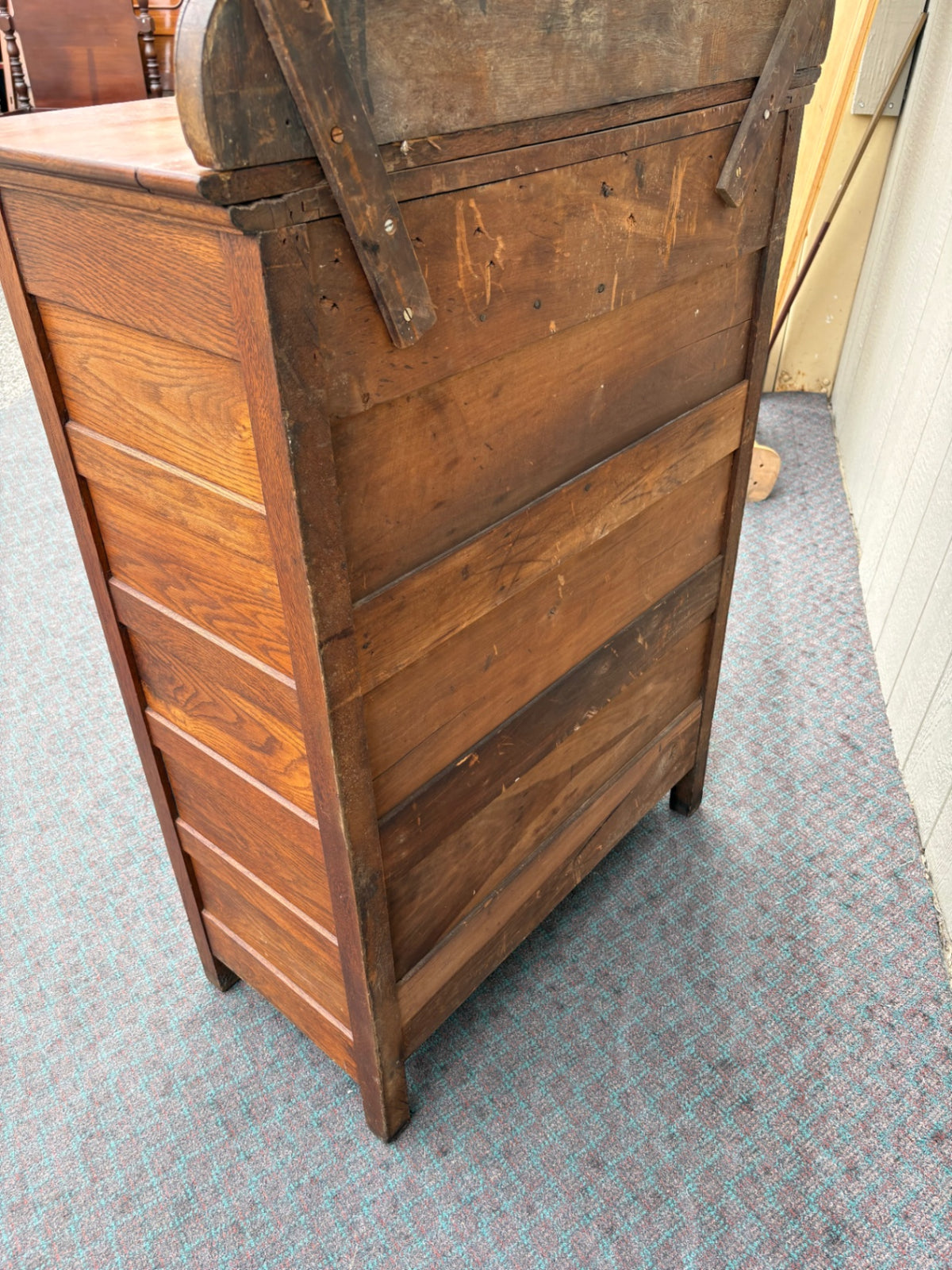 68120 Victorian Oak High Chest with Mirror and Carved Details