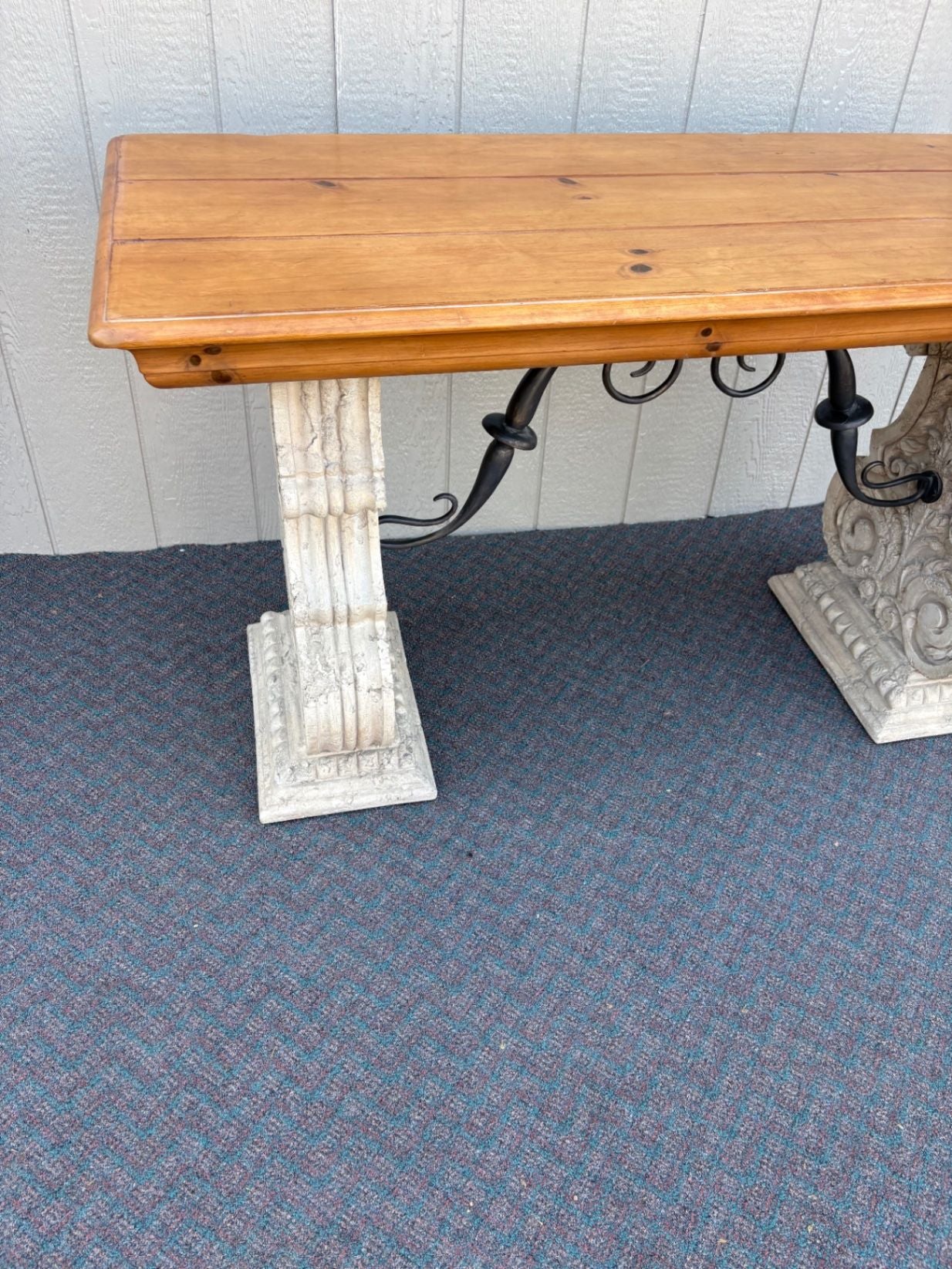 67646  Rustic Console Table with Carved Stone Base and Iron Accents