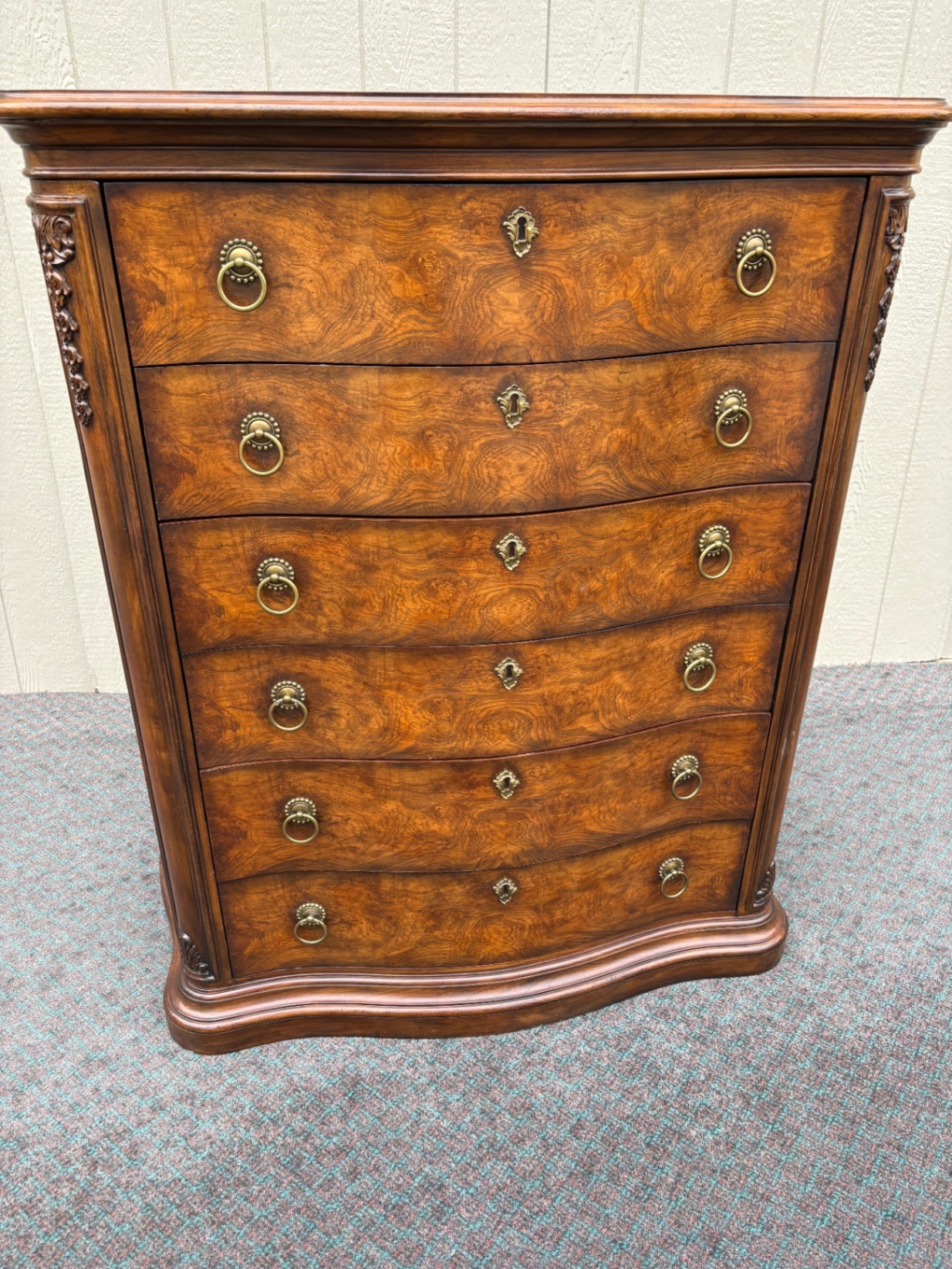 68019 Henredon Vintage High Chest Dresser with Burl Wood Inlay