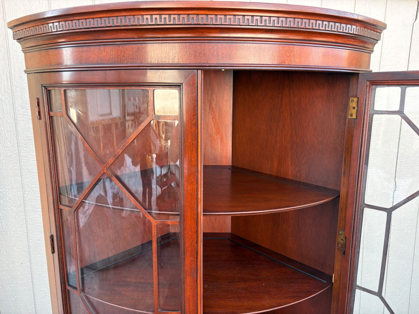 67479  Mahogany Corner Cabinet with Glass Doors and Brass Hardware