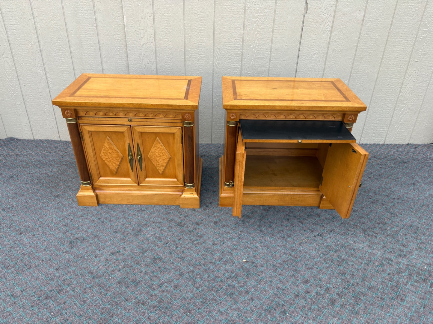 67972 Pair of Ethan Allen Neoclassical Nightstands in Honey Oak Finish