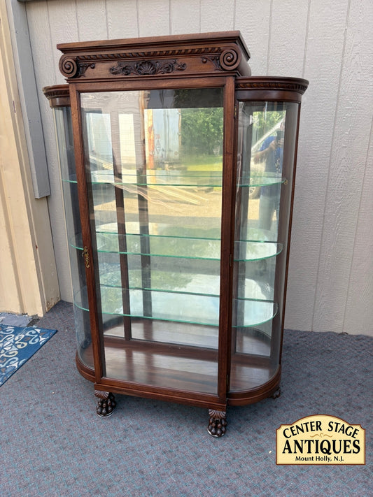 68015 Antique Bow Glass China Cabinet with Carved Mahogany Details
