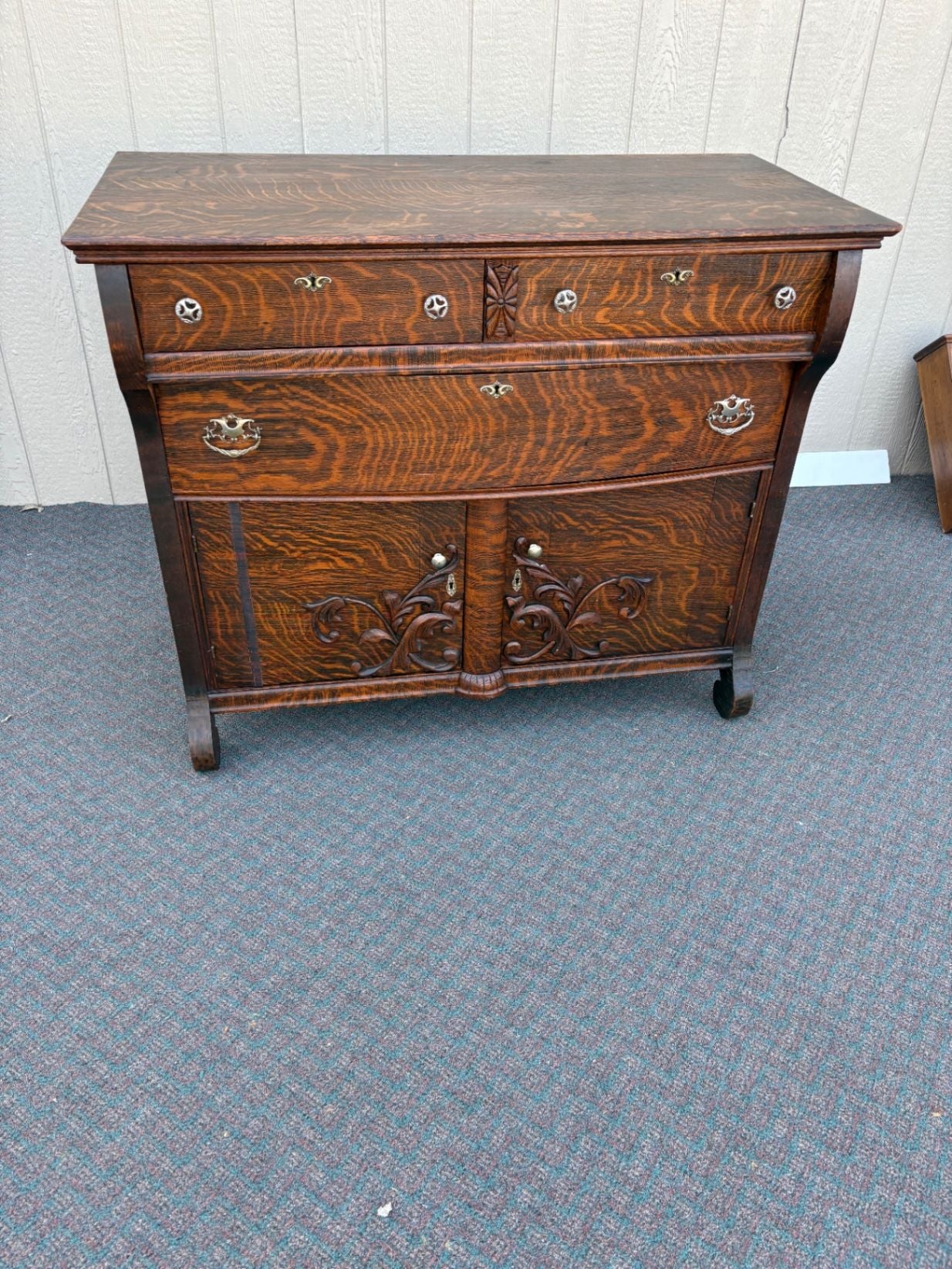 67417 Victorian Tiger Oak Sideboard with Figural Carvings and Mirror