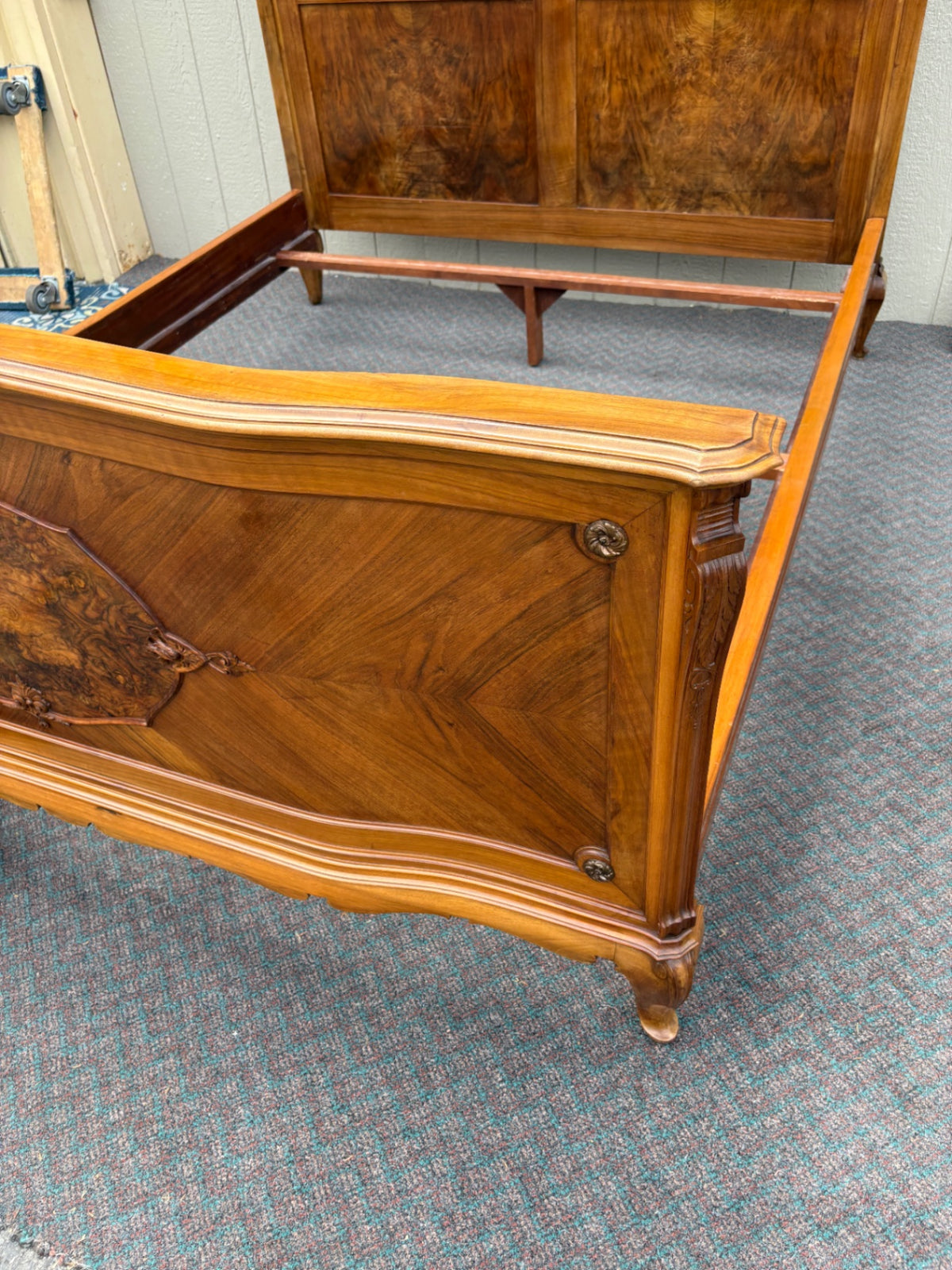 Antique French Queen Bed with Burl Walnut Panels and Carvings