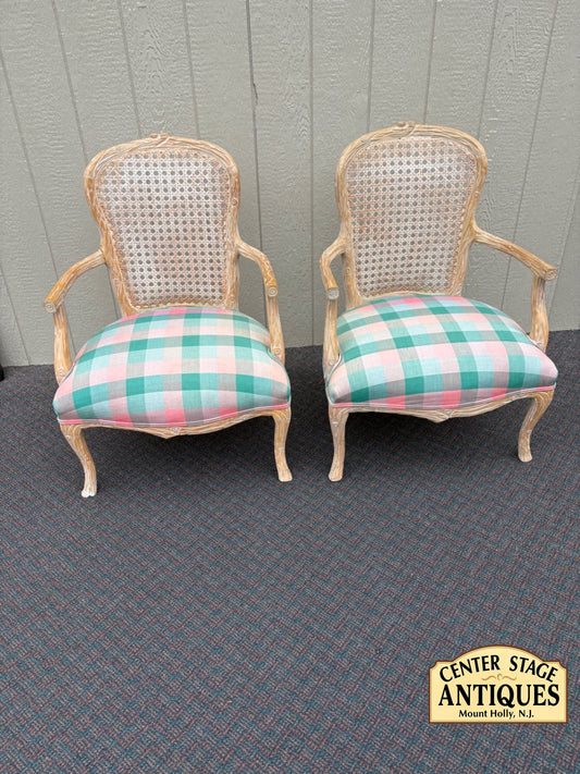 67549 Pair of French Provincial Caned Armchairs with Plaid Upholstery