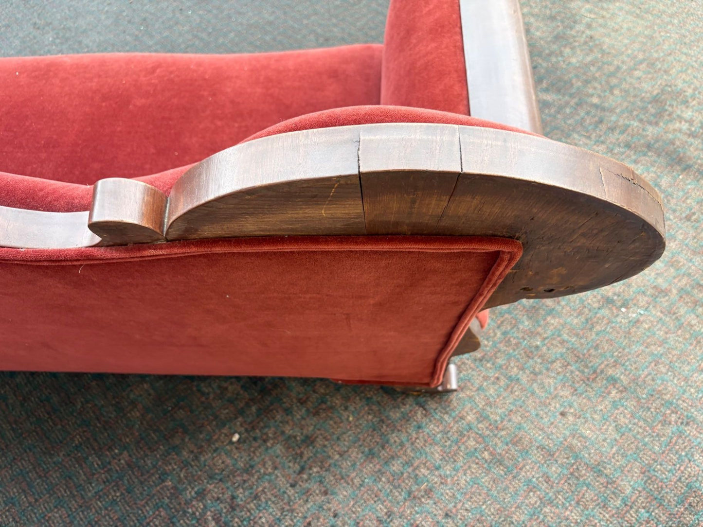 67490  Antique Empire Sofa with Red Velvet Upholstery and Carved Wood