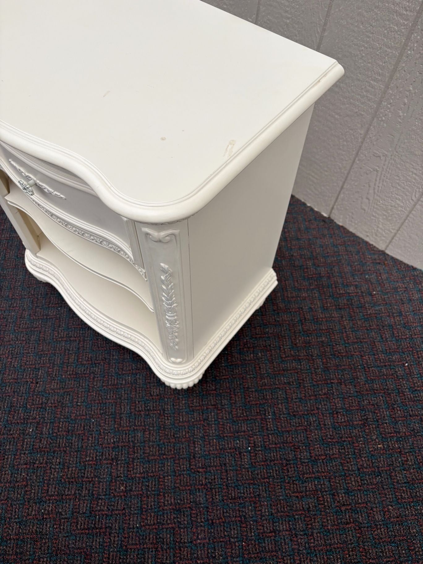 67552 French Provincial White Nightstand with Carved Details