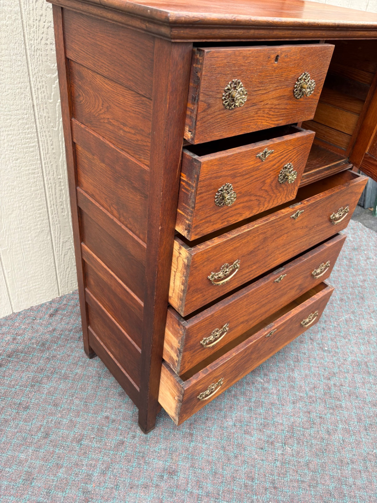 68120 Victorian Oak High Chest with Mirror and Carved Details