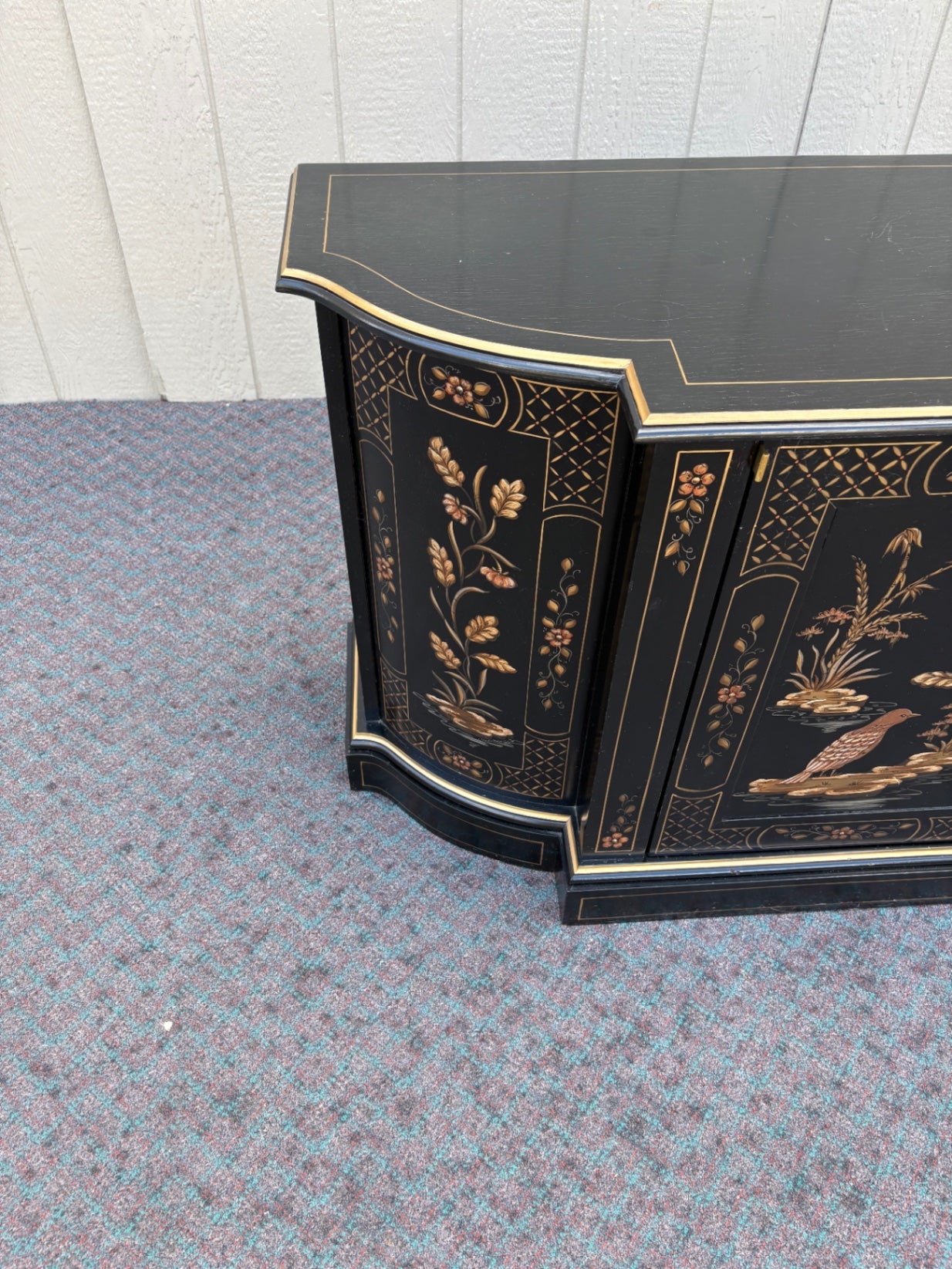 68118 Black Lacquer Asian-Inspired Cabinet with Floral and Bird Motifs