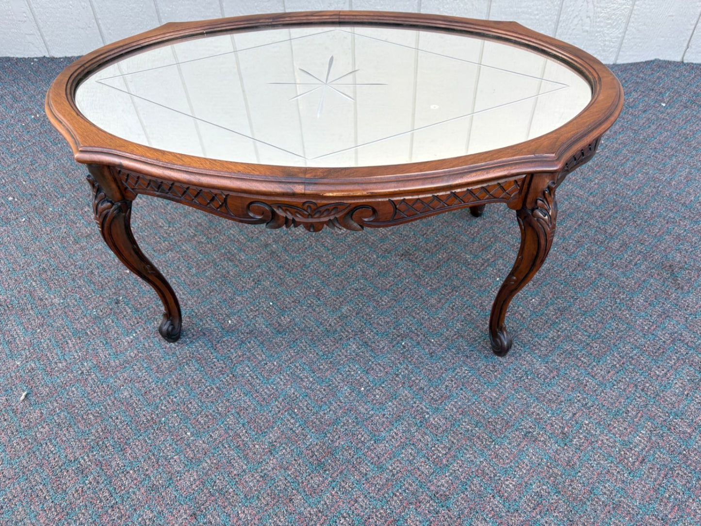 67432  Vintage French Provincial Etched Glass Coffee Table