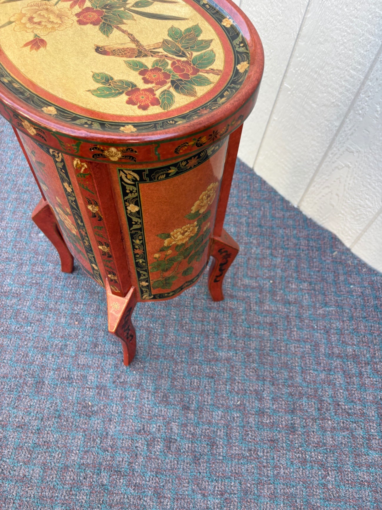 67855  Hand-Painted Oval Accent Table with Floral and Bird Motif