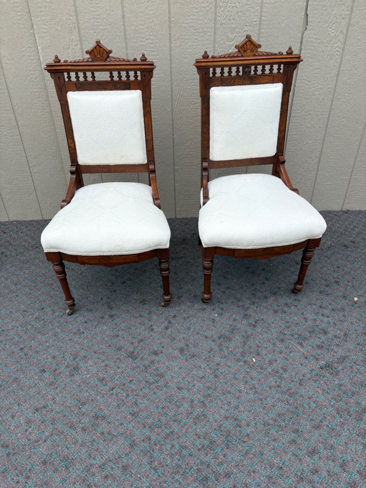 Pair of Victorian Eastlake Side Chairs with Carved Walnut Frames