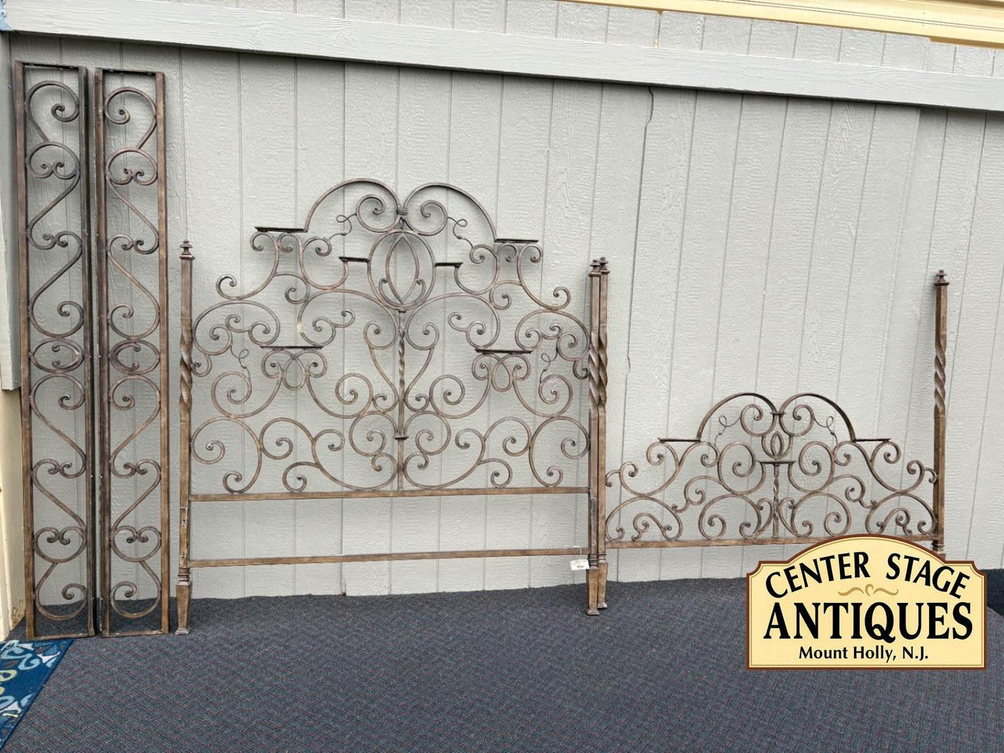 67711  Ornate Iron Scrollwork Queen Bed Frame with Twisted Posts