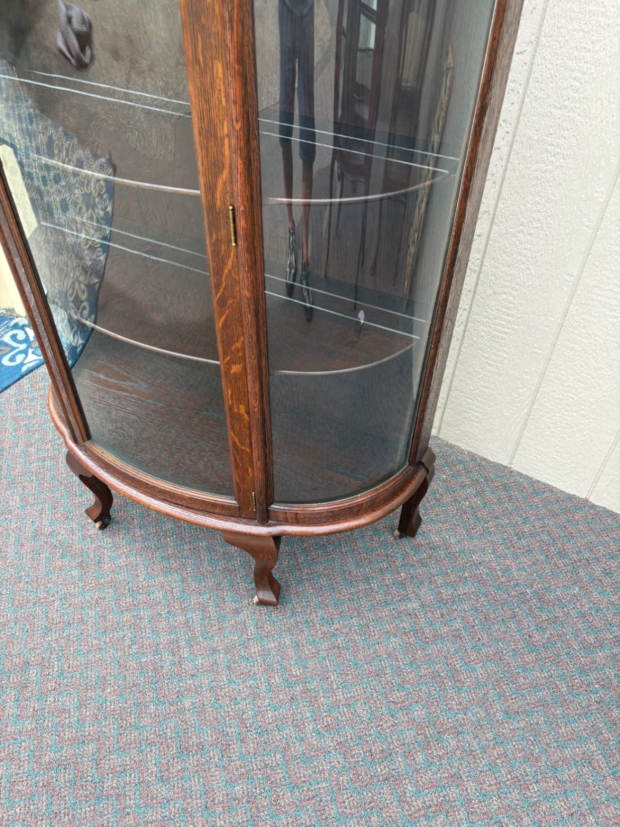 67680  Antique Bowed Oak China Cabinet with Glass Door Display