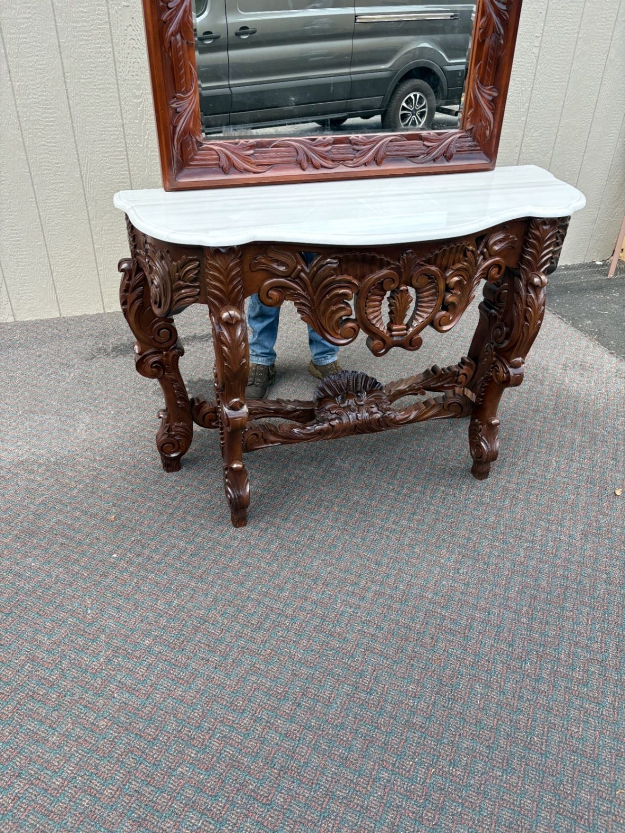 67574 Solid Mahogany  Marble Top Console Table with Ornate Mirror