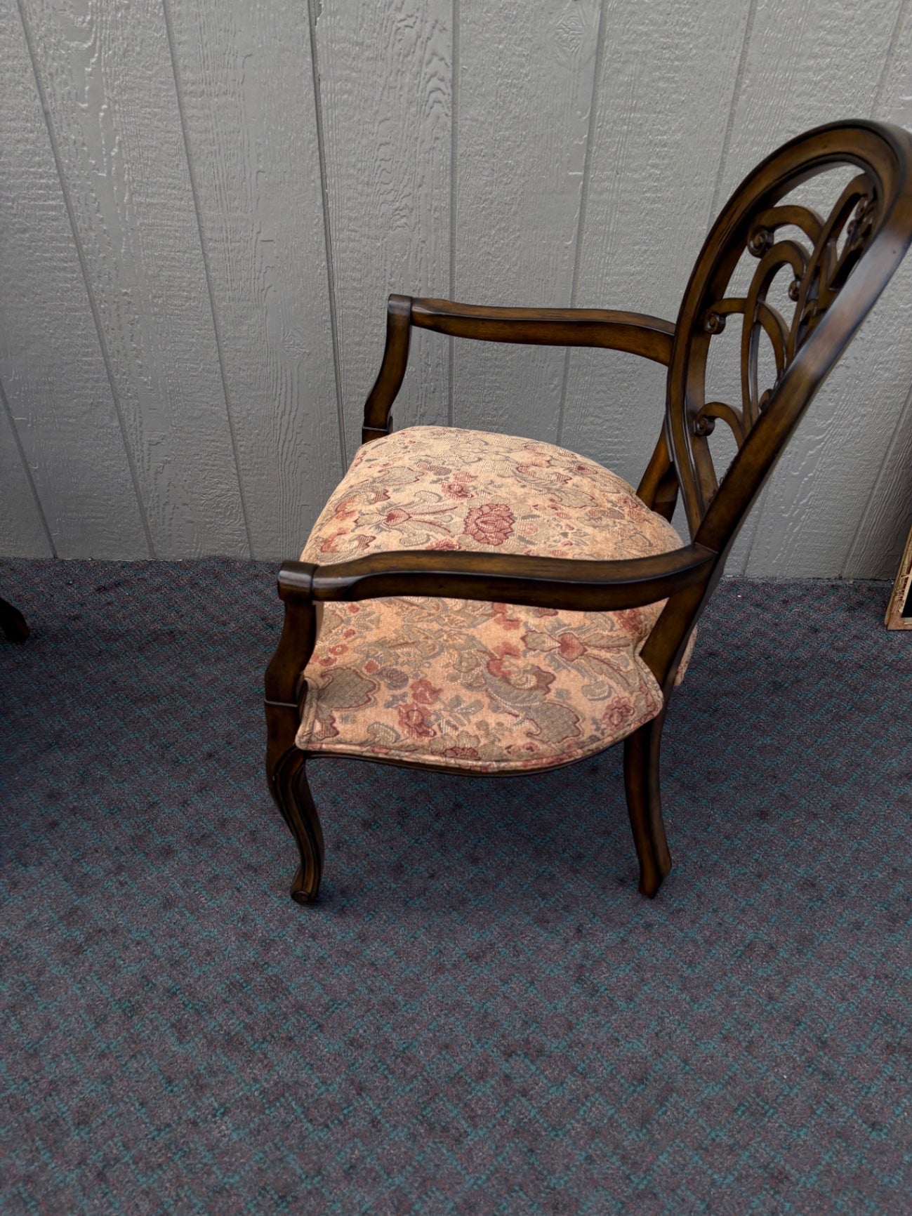 Pair of Carved Wood Armchairs with Upholstered Seats