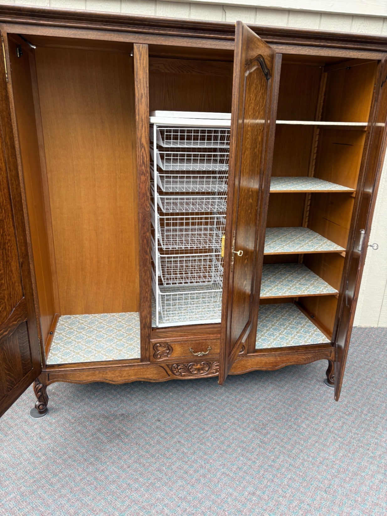 67687  Antique French Provincial Oak Wardrobe with Carved Details