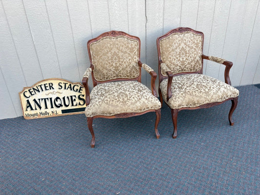 Pair of French Provincial Bergere Armchairs with Carved Wood Frame