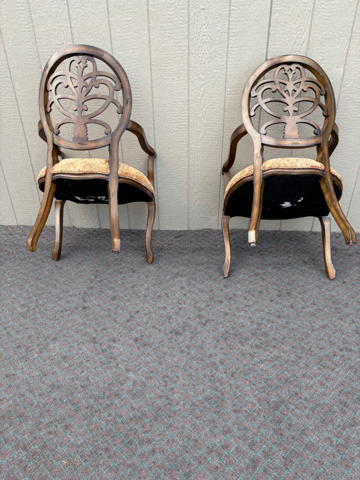 Pair of Carved Wood Armchairs with Upholstered Seats