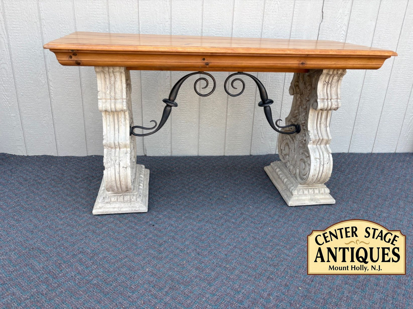 67646  Rustic Console Table with Carved Stone Base and Iron Accents