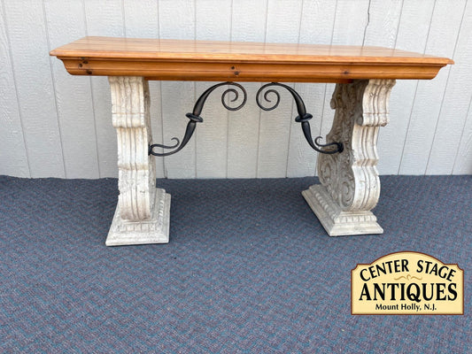 67646  Rustic Console Table with Carved Stone Base and Iron Accents