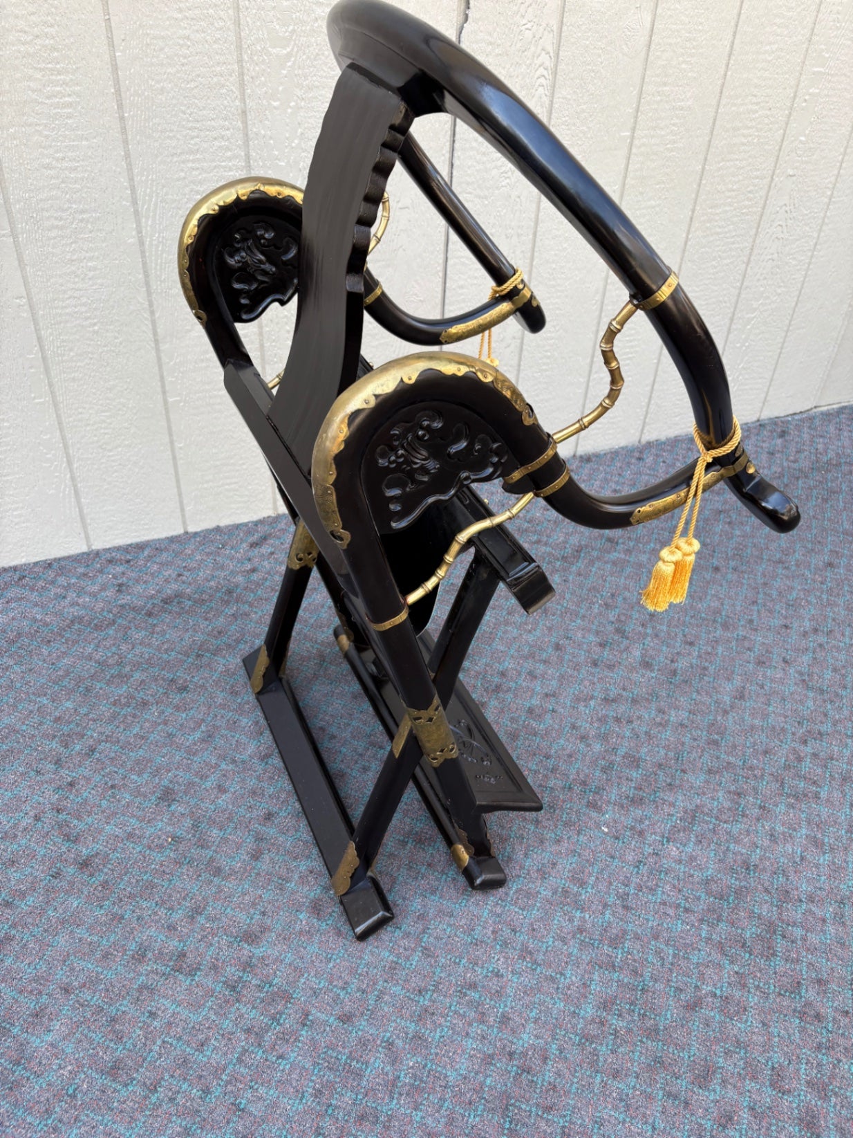 68061 Oriental Style Black Folding Chair with Carved Details